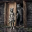 Placeholder: fantasy digital art of a sad young anthro wolf in gray hairy wolf body gray paws, and wears just a short canvas rag around her waist , she falls to the ground in the rain kicked out of the house, falls towards the camera, behind her an tall angry anthro wolf man just in dark gray body hairy kicks she out the door with his foot, behind in rustic halb open door in an massive wooden house, rainy day, detailed, fantasy mood