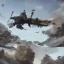 Placeholder: fortress with ripped flag , ww2, plane in sky , realistic