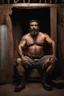 Placeholder: full figure shot photography of a 43-year-old arab angry beefy tattoo very hairy sweaty worker sitting spread-legged in an old sofa inside a construction site shed, big shoulders, boots, dressed in bulging shorts,shirtless, stubble, big manly legs, hairy chest, serious eyes, midnight, dim neon lights illuminating and shine on the beards of sweat that fill his large chest, photorealistic , ambient occlusion, view angle from the ground