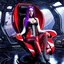 Placeholder: White woman with long purple hair, a good, athletic body, nice legs, and a large bust, dressed in a red latex suit and white boots, sitting in an alien-like technological chair, with a destroyed spaceship in the background.