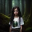 Placeholder: 12 year old girl with dark tangled hair and blue eyes wearing a ripped and dirty white teeshirt, in a forest , photorealistic, dark fantasy