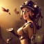 Placeholder: great illustrator, spanish, realistic rendering of a cute girl, beautiful, steampunk syle, aquarello. Helmet with tubes. smiling. Machinery in the background. robotic bird flying. High details. 4k. unreal engine