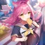 Placeholder: Clear focus,High resolution,High quality, Smiling, Pink long fluffy hair, Pink cat ears, Yellow eyes, Wearing a pink sailor uniform, running with toast in her mouth