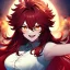 Placeholder: Clear focus, 8k, beautiful lighting, vibrant colors, girl, red long hair, vibrant golden eyes, messy hair, hair in between the eyes, laughing, angry,