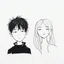 Placeholder: minimal continuous one-line portrait of a boy with black hair, and no features and a girl with long hair parted in the middle and no features, expressive and abstract, pen on textured paper