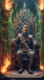 Placeholder: framed book cover illustration, close up portrait of a happy blessed ancient magical king mad max soldier posing for photo shoot on a throne, holding a burning sceptre, in a space alien mega structure with stairs and bridges woven into a sacred geometry knitted tapestry in the middle of lush magic forest, bokeh like f/0.8, tilt-shift lens 8k, high detail, smooth render, down-light, unreal engine, prize winning