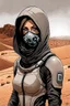 Placeholder: create a fine art print illustration of a rugged Fremen female in a stillsuit with breathing mask, catchpockets, stillsuit hood and gloves, of muted blacks, greys, and browns with highly detailed feminine facial features, traversing a a rocky outcrop amidst the desert sands of Arrakis, dusty, gritty, in the comic book art style of Bill Sienkiewicz, and Jean Giraud Moebius, finely textured, drawn, colored, and inked,