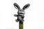 Placeholder: Scruffy fluffy grey puppet plush Bunny, holding with both hands onto a post while being blown by the wind, extending vertically, panicked. on white background
