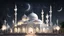 Placeholder: Hyper Realistic White-&-Silver-Mosque with beautifully-crafted-domes-&-minarets & light-lamp-stand at beautiful dark night with stars on sky & few men worshiping