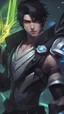 Placeholder: A close picture to Asian young man, black soft hair, aphelios, master weapons, neon weapons, his sister ghost behind him, league of legends art style