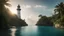 Placeholder: Photoreal magnificent below the azure water surface of the sea clear sky shot of a gargantuan enormous towering medieval light house on an exotic caribbean jungle island at mid-summer golden hour by lee jeffries, otherworldly creature, in the style of fantasy movies, photorealistic, shot on Hasselblad h6d-400c, zeiss prime lens, bokeh like f/0.8, tilt-shift lens 8k, high detail, smooth render, unreal engine 5, cinema 4d, HDR, dust effect, vivid colors