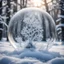 Placeholder: Beautiful frozen bubble. Fractals and ice crystals is frosen in the bubble. snowy landscabe witht trees topped with snow