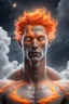 Placeholder: a slim muscular god with galaxy's in his eyes, glowing orange hair that looks like it's made of the sun, a light gray body made of clouds with glowing cracks of orange within it in cloud patterns. realistic 4k