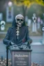 Placeholder: photo of a hoodless grim reaper wearing a suit, highlighting shiny areas of the skull, sitting outside a cemetery with a welcome sign, wearing suit, rim lighting, studio lighting, looking at the camera, dslr, ultra quality, sharp focus, tack sharp, dof, film grain, Fujifilm XT3, crystal clear, 8K UHD