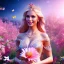 Placeholder: Full body Princess, woman blondie, make up,smile, beautiful place,amazing, flowers, colors, blue and pink butterfly, realistic, photo real, stars night, detailed, high contrast, 8k high definition, unreal engine 5, extremely sharp detail, light effect, light background