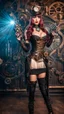 Placeholder: Full Body Photo Of A Steampunk Burlesque Woman With Straight Hair And A Fringe Hairstyle, Holding A Laser Gun, Sci-Fi Steampunk Background