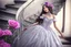 Placeholder: quinceanera bucket glower dresse with royal silvers adorned roses women talking through glass stairs 4k dreamy styled anime style