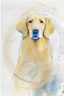 Placeholder: abstract watercolour of a golden retriever dog’s head in the style of Valerie Davide with bifurcated circles and thin pencil lines