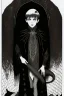 Placeholder: 7 year old boy, necromancer, friendly, looks dead,with a long lamprey emerging from his belly , wearing black robes, in the style of Harry Clarke