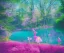 Placeholder: fairies in a magic pink forest with purple and pink trees, pink and blue and yellow flowers and around a turquoise lake, a blue sky and sunlight