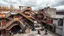 Placeholder: A social housing complex with complex spatial arrangements and non-linear pathways: exterior walkways that intersect diagonally and ramps that ascend without apparent order, all in a seemingly controlled chaos. Materials include rusted metal mesh, exposed concrete, and plywood painted in primary colors. The setting is an industrial suburb with abandoned warehouses and a stormy autumn sky. Numerous people are present: elderly people sitting on steps, teenagers on scooters, and a man walking a dog