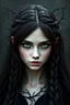 Placeholder: Young beautiful female Hexblood Warlock, long dark brown-black hair styled in elegant half-braids, glowing pale emerald-green eyes, delicate facial features. Thin twisted black thorn-like branches grow naturally from one side of her head, weaving seamlessly through her hair like an eerie crown, with tiny dark leaves and vine-like roots blending into her scalp. Faint dark vine markings trail along her neck and collarbone. Dark fantasy, realistic, cinematic, highly detailed.