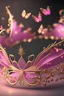 Placeholder: Tiara of gold and shiny big pink diamonds,pink smoke around it, gold butterflies, realistic, cartoon, 8k resolution