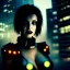 Placeholder: portrait oil on canvas, beautiful punk busty female Cyborg, intense stare, sad glowing eyes, post-apocalyptic in a cyberpunk city,minimal skintight latex dress, bladerunner movie poster, realistic, intriacte detail, sci-fi fantasy style, masterpiece, volumetric lighting, particles, highly detailed ,cinamatic , deep colours,8k, in the style of Kaare Andrews