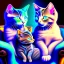 Placeholder: A cat with blue eyes is sitting on an armchair and next to her are three sweet and beautiful kittens against a black background and they are all looking at the camera, computer graphics by Louis Wayne, Behans, psychedelic art, quantum wave racing, psychedelic, mystical