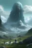 Placeholder: Paisaje de ciencia ficción con plantas y animales gigantes, montañoso y de mucho frio