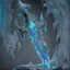 Placeholder: A fantasy zweihander, the blade is made up of glimmering ice, it's hilt is crafted from swirling vines, leading to a vibrant crystal at the pommel, with a black background behind it.