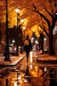 Placeholder: night yellow lights over the street trees autumn leaves under feet ,a Student adult girl with books in her hand walking in street looking to camera her lover flowing her with few steps far