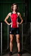 Placeholder: beautiful anorexic woman, standing, short triathlon swimsuit, medium length wavy haircut, photographed by sports illustrated, red hair, industrial background