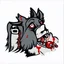 Placeholder: left facing head of angry Terrier dog with blood shot eyes and bloodied teeth, a ball chain collar around neck, a chain leash attached to collar, vector