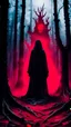 Placeholder: In the center of the dark dead forest stands an scary altar of the dead, from which red mist emanates, around there are figures in black robes without faces, horror film style