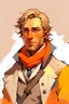 Placeholder: Dishonored video game art style, man in his early thirties, wavy short shaggy golden hair, blue eyes, victorian poor commoner style clothing white tunic brown vest dark brown blazer dark orange scarf, small smile, muted warm colors