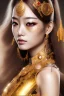 Placeholder: wonderfull japanese woman, curves, robotic, golden long hair, hair covering one eye, ultradetailed fine art photo of a indian, weet face portrait, snow flakes particles, 8 mm len