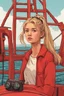 Placeholder: 23 years old girl, with blond hair and a messy bun like selah sue. standing on in a red boat, wearing red clothes and holding binoculars watching something in the middle of the sea. You see the whole boat. You see the gril in front. It's a ferry. Wes anderson style. In front. Sarcastic vibe. Old school interior. she stands in the kitchen of the boat