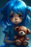 Placeholder: A cute blue haired girl holding a cursed scary teddy bear