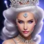 Placeholder: Ice Princess with white hair smilling, a crown with precious stones, bright background