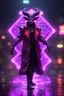 Placeholder: Volumetric satyr lights,paradise sacred geometry framed playing card, black, red, spore and purple neon cyber punk dancer thief in soaked rain coat shadows boss card in the style of giger and fallout 4 ,,bokeh like f/0.8, tilt-shift lens 8k, high detail, smooth render, down-light, unreal engine