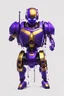 Placeholder: Human Like Cyborg, Royal purple and Gold, Combat Robot, Dangerous, Strong, Destroyed, Inside a Vat of Liquid