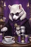 Placeholder: (anthropomorphic white ferret),dressed in ((cleric fantasy)) black and purple clothes with silver holy ornaments, realistic anatomy, fantasy tavern on background, mage and holy symbols around, serious face, hold cup of coffe, tired face, in the style of LOISH, glasses