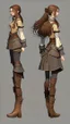 Placeholder: turnaround frontal view, side view and back view, character of a girl, realistic style, brown hair, she wears fantasy medieval clothes, she is slim, full body with boots