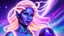 Placeholder: Full body portrait of a peaceful smiling gorgeous blonde Goddess of the galaxies with a blue indigo purple skin, high skul, luminous eyes in a galactic sunset