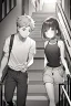 Placeholder: a boy in shorts sleeveless shirt climbs the stairs, greyscale