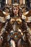 Placeholder: Photo Full body Lady Angel cyborg straddle wings, using traditional armor,detailed, intricate,gears cogs cables wires circuits, gold silver chrome copper,abstract background