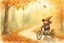 Placeholder: Cute little happy cat scarecrow riding a trike, forest path background, autumn, leaves swirling, waterfall, reflection, mist, sunrise, smooth intricate photorealistic hyperrealistic high definition beautiful lighting pencil sketch watercolor dramatic lighting storybook illustration polished Deep shadows deep color warm light