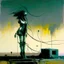 Placeholder: Dystopian future women with a twisted body falling with retro monitor head and handing wires. In desolate landscape low horizonline at night. With a concrete decaying blocks. Abstract oil painting in style of Justin Mortimer and Phil Hale