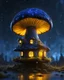 Placeholder: A solitary floating mushroom house on a clear night. silver and blue and yellow, Dark cosmic interstellar. Detailed Matte Painting, deep color, fantastical, intricate detail, splash screen, hyperdetailed, insane depth, concept art, 8k resolution, trending on Artstation, Unreal Engine 5, color depth, backlit, splash art, dramatic, High Quality Whimsical Fun Imaginative Bubbly, perfect composition